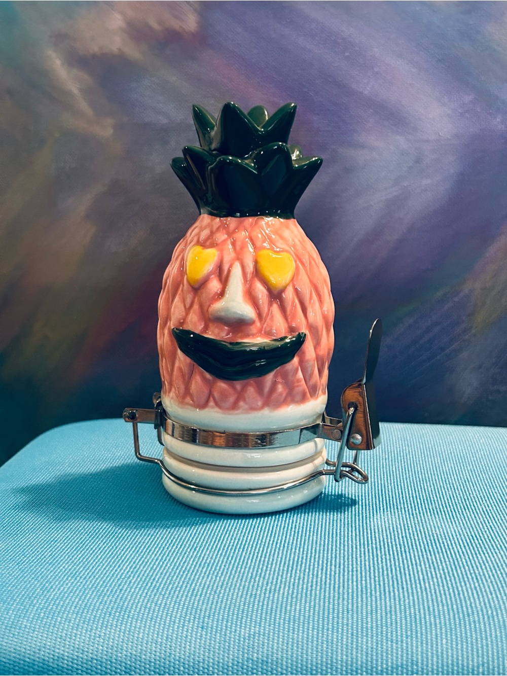 Pink Pineapple Ceramic Jar with Green Crown